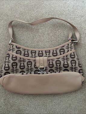 Etienne Aigner Beige & Brown Logo Shoulder Bag